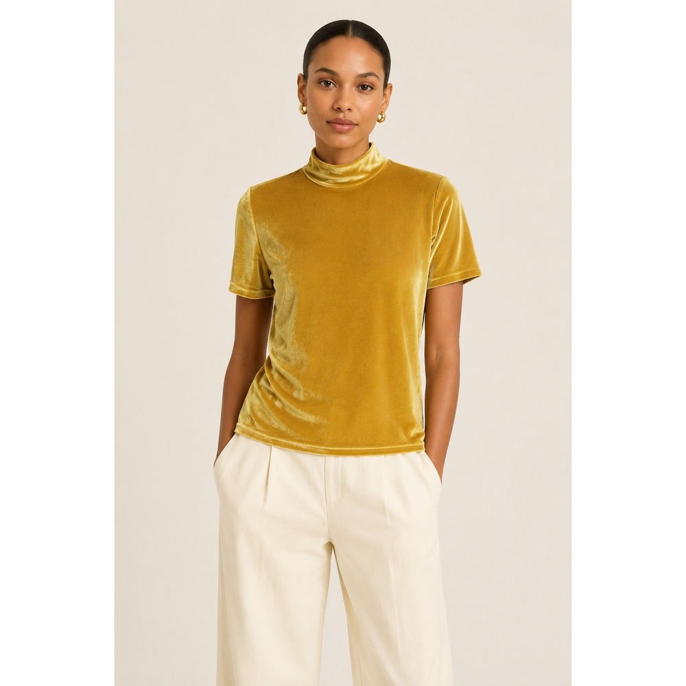 Madewell Womens Velvet Mock Neck Top XS Gold Mustard Short Sleeve Stretch Tee‎